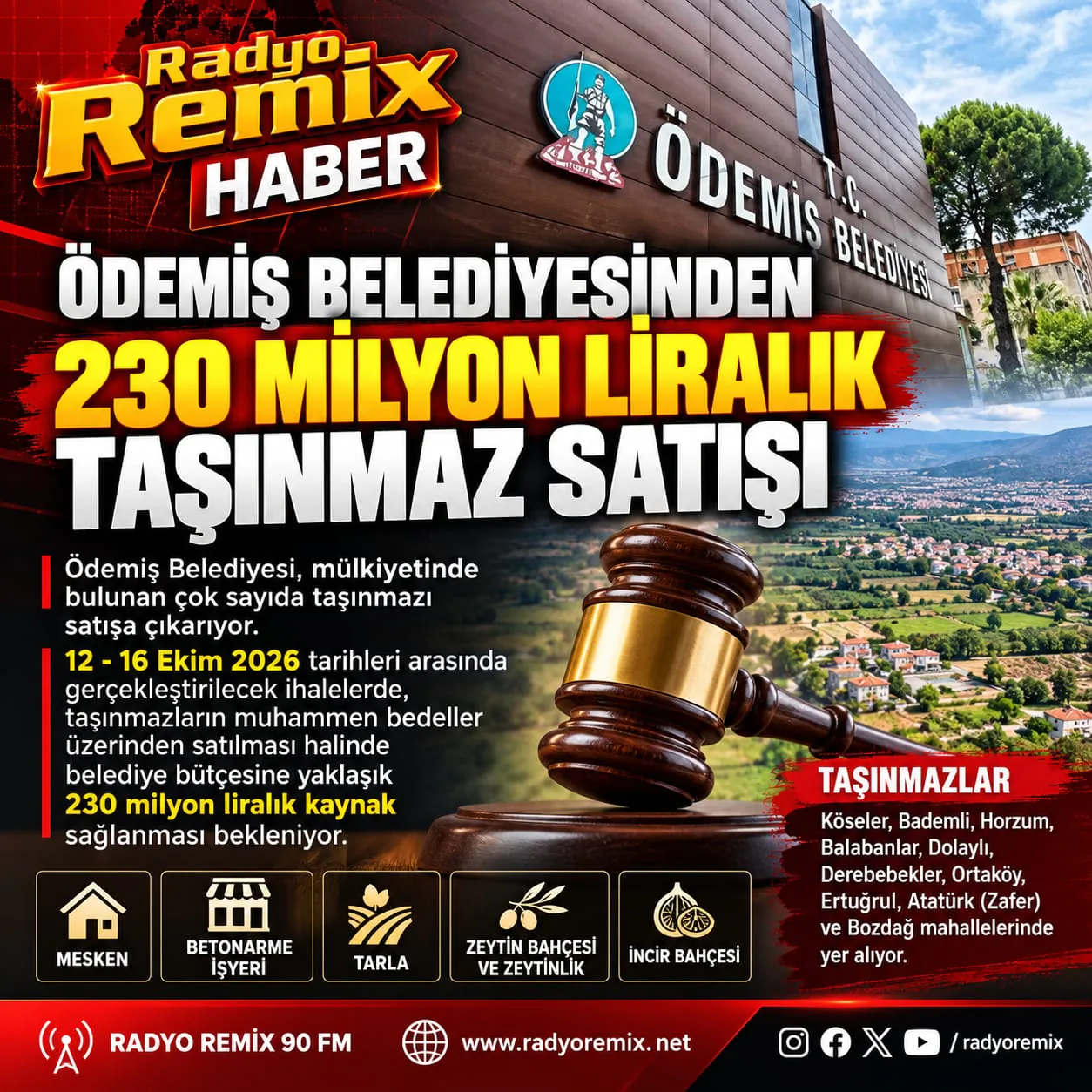 Ödemiş Belediyesinden 230 Milyon Liralık Taşınmaz Satışı